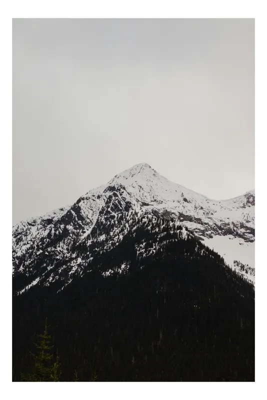 Tablou Canvas, "Piscuri înzăpezite sub cer gri", Montană, Zăpadă, Vârf, Pădure, Cer, Răceală, Natură, 50 x 90 cm