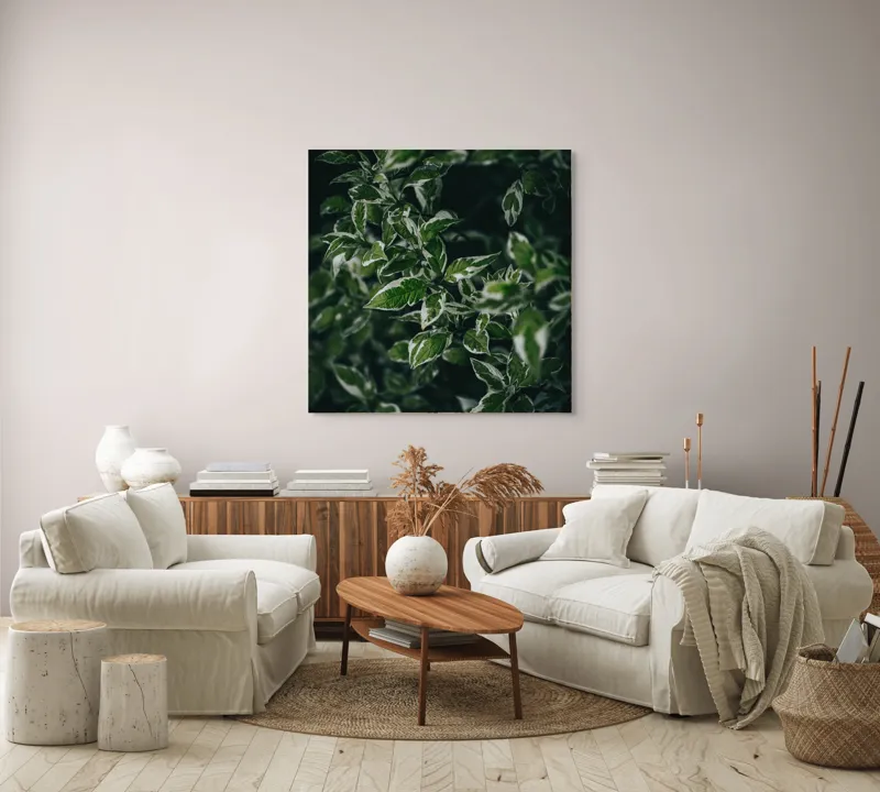 Tablou Canvas, "Frumusețea ascunsă a naturii verzi", Frunze, Verde, Întuneric, Textură, Natură, Contrast, Eleganță, Umbră, Detaliu, Variație, 100 x 100 cm – poza 3