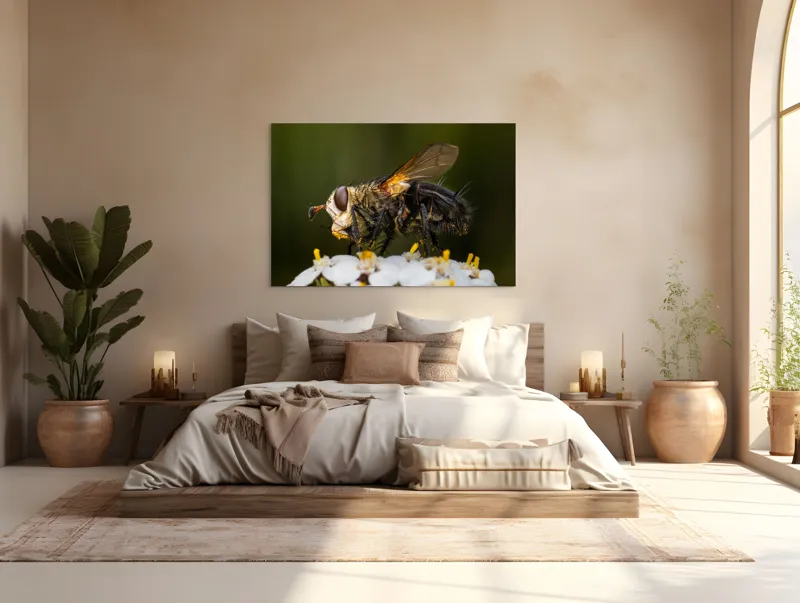 Tablou Canvas, "Musca pe floare albă parfumată", Musca, Aripi, Polen, Flori, Focos, Natura, Macro, Insecta, 150 x 100 cm – poza 4
