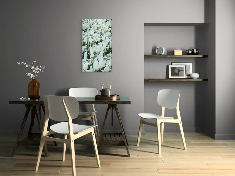 Tablou Canvas, "Dansul lalelelor albe primăvara", Flori, Alb, Lalele, Delicate, Natură, Primăvară, Petale, Frumusețe, Verde, Frunziș, Luminozitate, Armonie, Grădină, Prospețime, Serenitate, 50 x 90 cm – poza 4