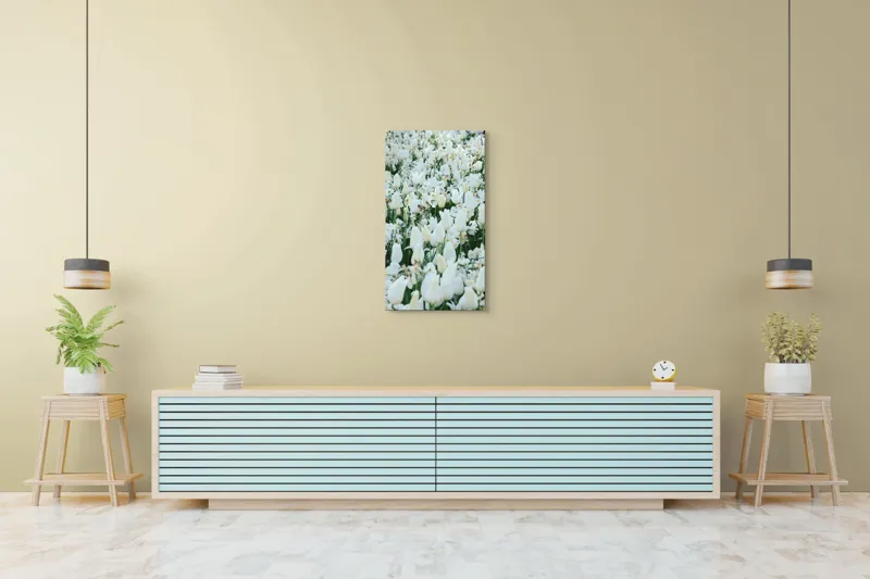 Tablou Canvas, "Dansul lalelelor albe primăvara", Flori, Alb, Lalele, Delicate, Natură, Primăvară, Petale, Frumusețe, Verde, Frunziș, Luminozitate, Armonie, Grădină, Prospețime, Serenitate, 50 x 90 cm – poza 6