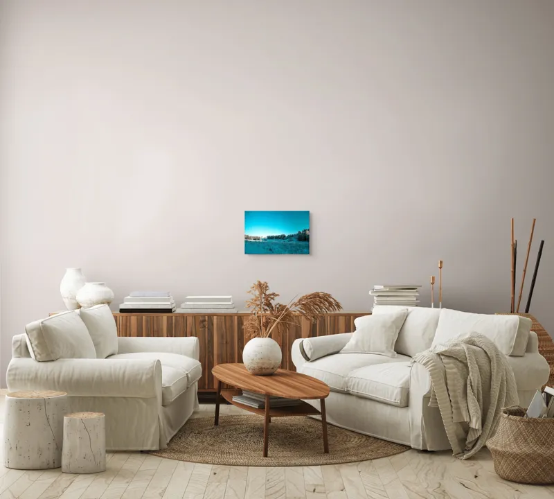 Tablou Canvas, "Cer albastru peste pădurea înzăpezită", Albastru, Pădure, Zăpadă, Cer, Peisaj, Iarnă, Natura, Tăcere, Frig, Priveliște, 39 x 26 cm – poza 7
