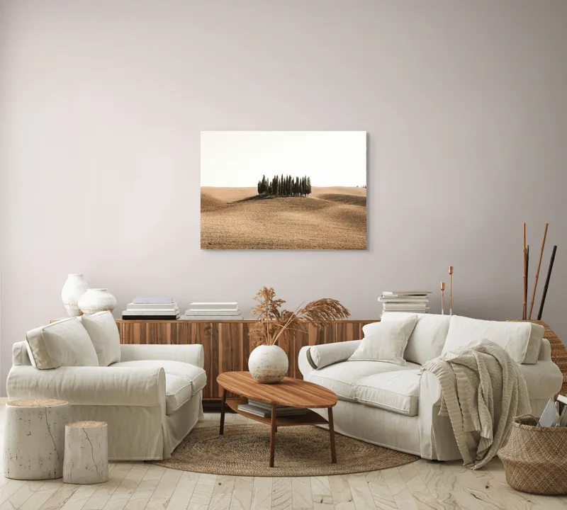 Tablou Canvas, "Tărâmul solemn al chiparoșilor solitari", Grup, Copaci, Dealuri, Pustie, Serenitate, Natură, Peisaj, Minimalism, Izolare, Liniște, 100 x 70 cm – poza 3