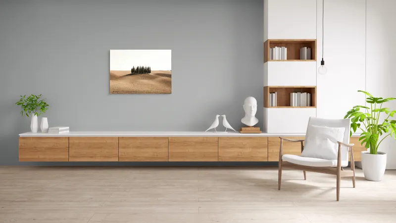 Tablou Canvas, "Tărâmul solemn al chiparoșilor solitari", Grup, Copaci, Dealuri, Pustie, Serenitate, Natură, Peisaj, Minimalism, Izolare, Liniște, 100 x 70 cm – poza 6