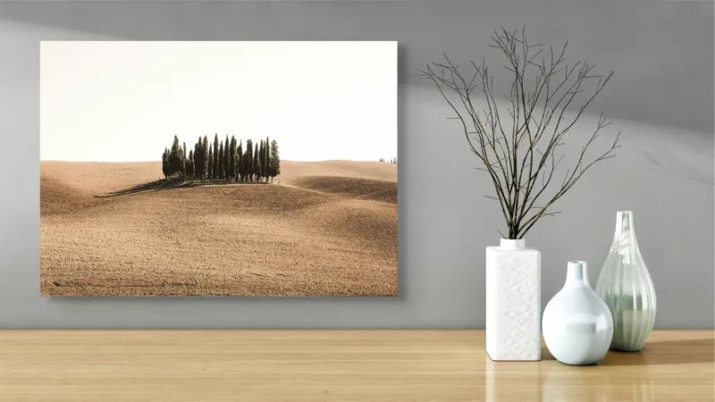 Tablou Canvas, "Tărâmul solemn al chiparoșilor solitari", Grup, Copaci, Dealuri, Pustie, Serenitate, Natură, Peisaj, Minimalism, Izolare, Liniște, 70 x 50 cm – poza 3