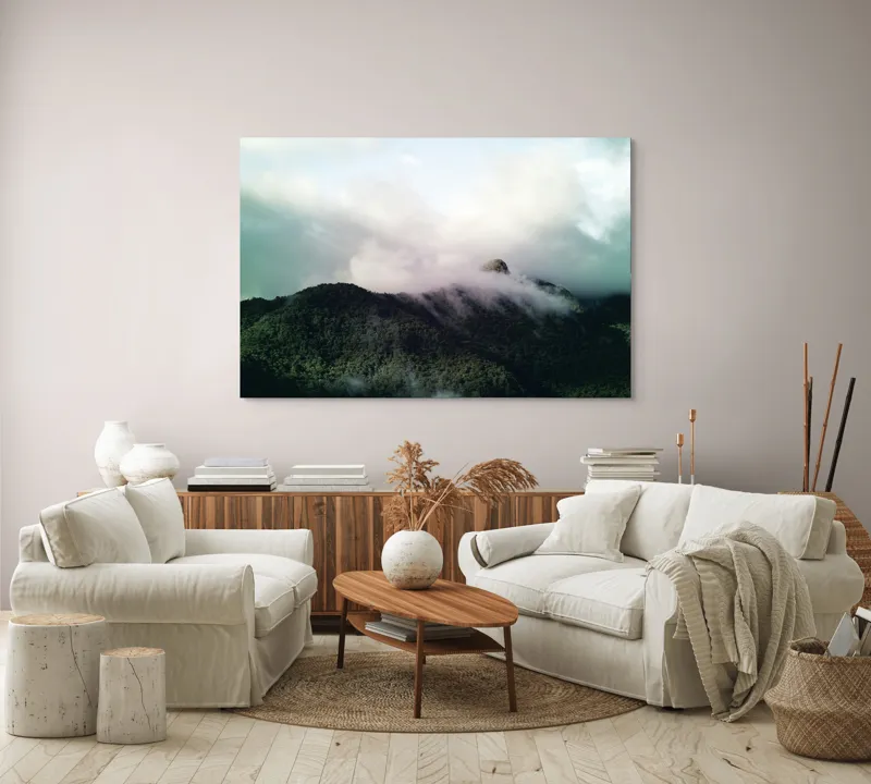 Tablou Canvas, "Norii dansează peste munți verzi", Nor, Vârf, Pădure, Ceață, Verde, Cer, Natură, Lumină, 150 x 100 cm – poza 3
