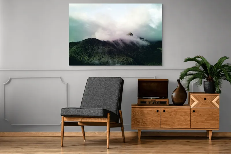 Tablou Canvas, "Norii dansează peste munți verzi", Nor, Vârf, Pădure, Ceață, Verde, Cer, Natură, Lumină, 150 x 100 cm – poza 8