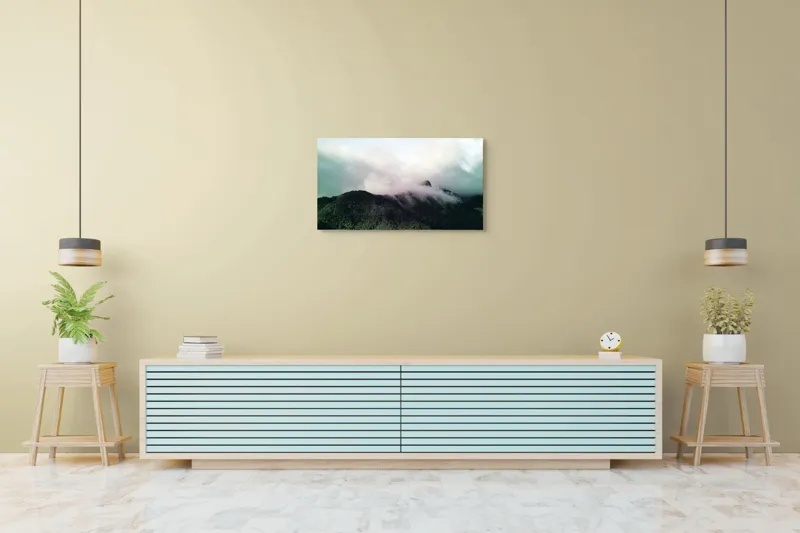 Tablou Canvas, "Norii dansează peste munți verzi", Nor, Vârf, Pădure, Ceață, Verde, Cer, Natură, Lumină, 90 x 50 cm – poza 5