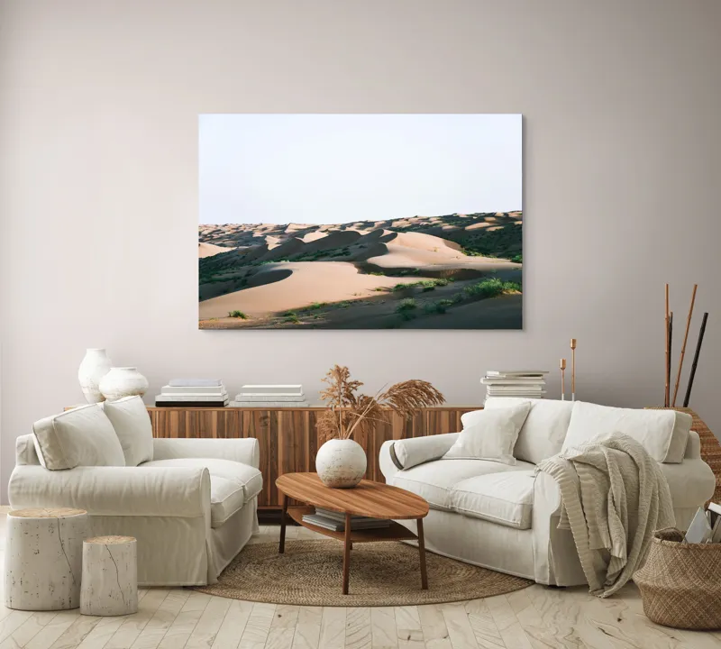 Tablou Canvas, "Valuri de nisip în deșertul arid", Deșert, Dune, Nisip, Umbre, Lumină, Vegetație, Pustiu, Peisaj, Seară, Solitudine, 150 x 100 cm – poza 3
