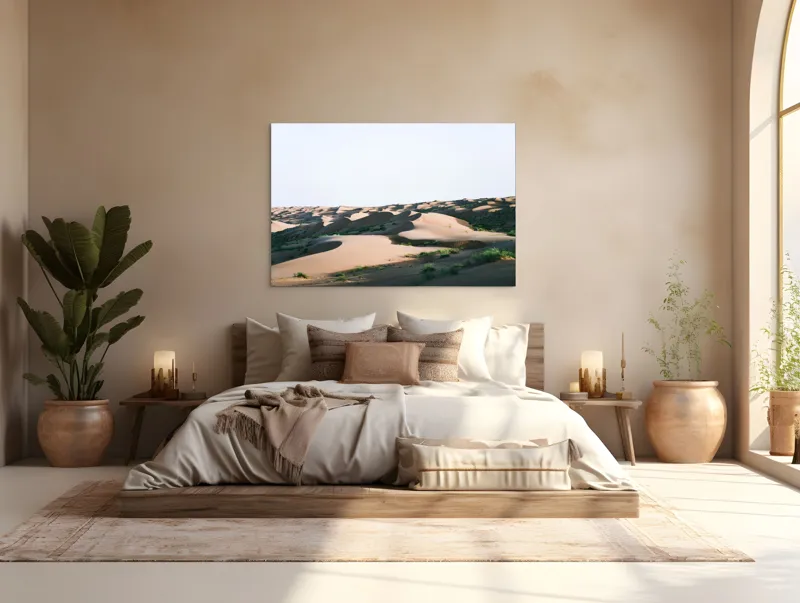 Tablou Canvas, "Valuri de nisip în deșertul arid", Deșert, Dune, Nisip, Umbre, Lumină, Vegetație, Pustiu, Peisaj, Seară, Solitudine, 150 x 100 cm – poza 4