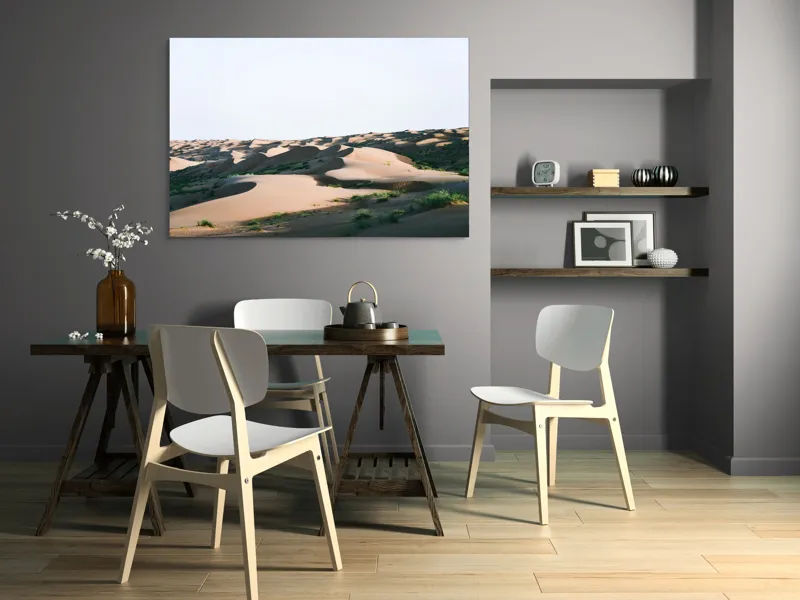 Tablou Canvas, "Valuri de nisip în deșertul arid", Deșert, Dune, Nisip, Umbre, Lumină, Vegetație, Pustiu, Peisaj, Seară, Solitudine, 150 x 100 cm – poza 5