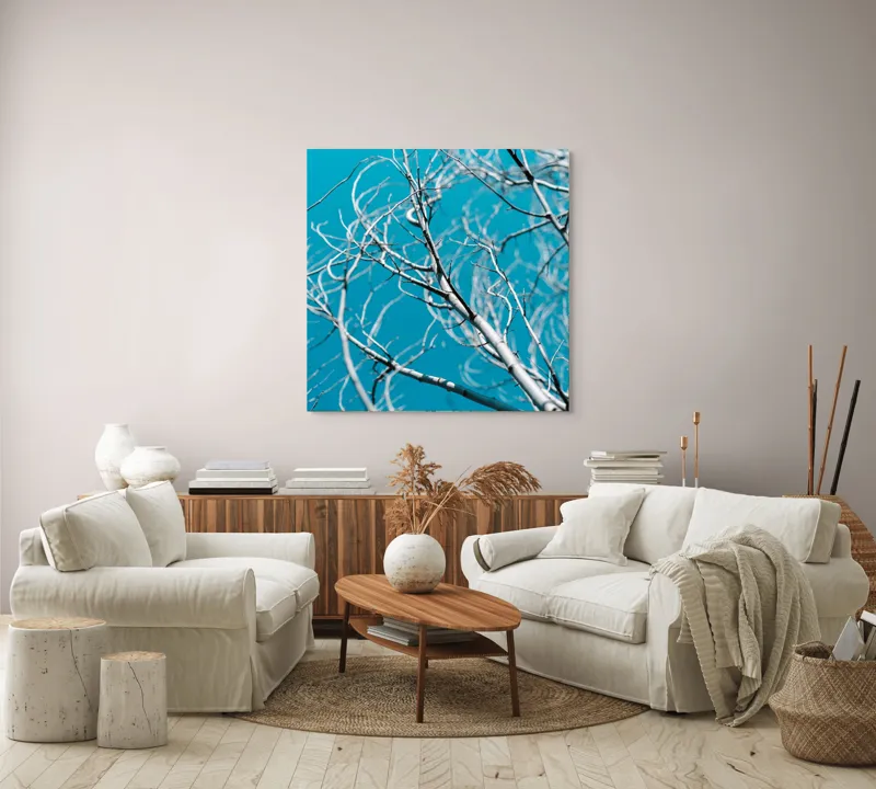 Tablou Canvas, "Crengile albastre ale cerului senin", Ramuri, Cer, Albastru, Uscat, Abstract, Natură, Contrast, Simplu, 100 x 100 cm – poza 3