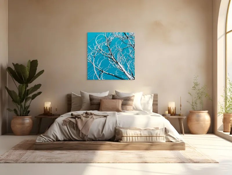 Tablou Canvas, "Crengile albastre ale cerului senin", Ramuri, Cer, Albastru, Uscat, Abstract, Natură, Contrast, Simplu, 100 x 100 cm – poza 4