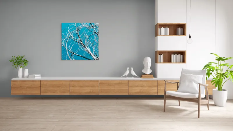 Tablou Canvas, "Crengile albastre ale cerului senin", Ramuri, Cer, Albastru, Uscat, Abstract, Natură, Contrast, Simplu, 100 x 100 cm – poza 8