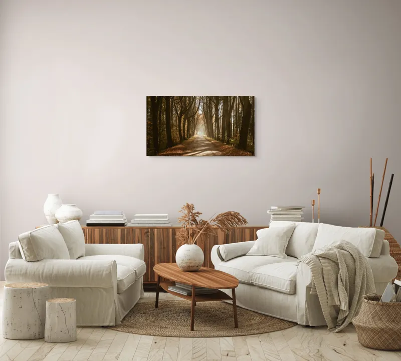 Tablou Canvas, "Drumul pădurii în lumina dimineții", Toamnă, Alee, Copaci, Lumină, Frunze, Drum, Natură, Mister, Umbre, Călătorie, 90 x 50 cm – poza 4