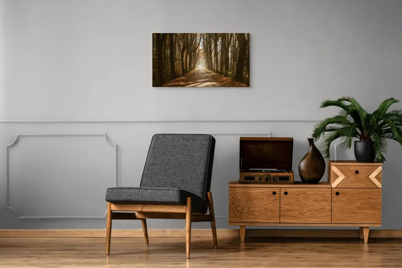 Tablou Canvas, "Drumul pădurii în lumina dimineții", Toamnă, Alee, Copaci, Lumină, Frunze, Drum, Natură, Mister, Umbre, Călătorie, 90 x 50 cm – poza 6