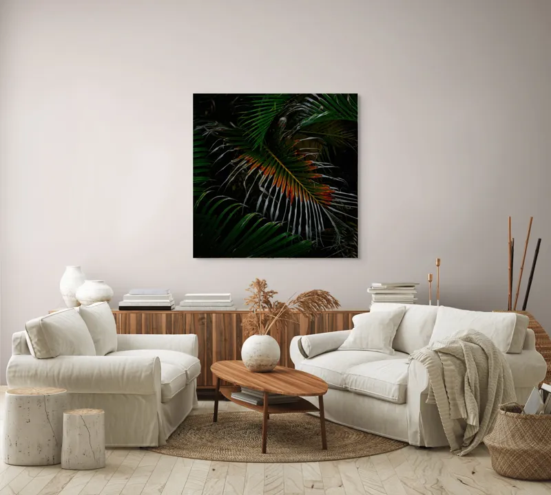 Tablou Canvas, "Frunza exotică în umbra nopții", Frunze, Verde, Întuneric, Tropical, Contrast, Portocaliu, Misterios, Intensitate, Frumusețe, Natură, 100 x 100 cm – poza 3