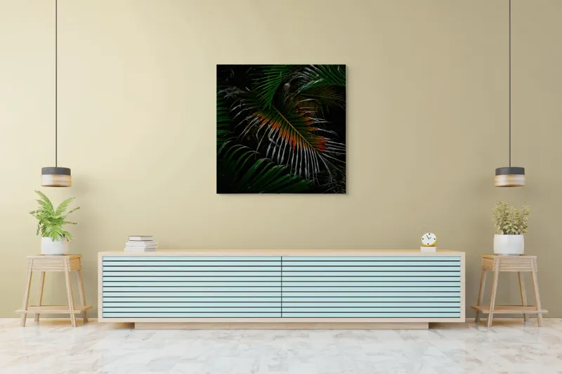 Tablou Canvas, "Frunza exotică în umbra nopții", Frunze, Verde, Întuneric, Tropical, Contrast, Portocaliu, Misterios, Intensitate, Frumusețe, Natură, 100 x 100 cm – poza 5