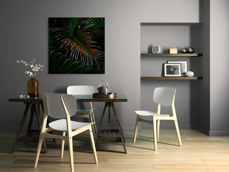 Tablou Canvas, "Frunza exotică în umbra nopții", Frunze, Verde, Întuneric, Tropical, Contrast, Portocaliu, Misterios, Intensitate, Frumusețe, Natură, 100 x 100 cm – poza 6