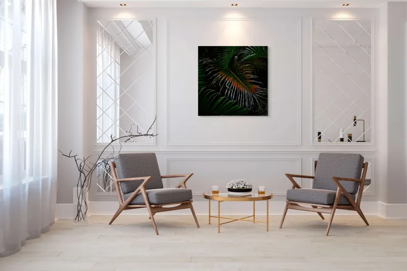 Tablou Canvas, "Frunza exotică în umbra nopții", Frunze, Verde, Întuneric, Tropical, Contrast, Portocaliu, Misterios, Intensitate, Frumusețe, Natură, 100 x 100 cm – poza 7