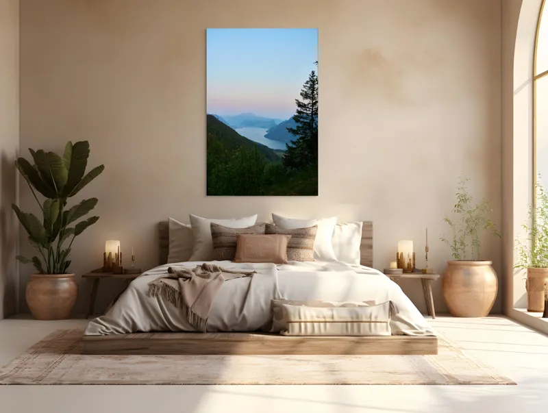 Tablou Canvas, "Răsărit senin peste munți și lacuri", Peisaj, Munți, Lac, Cer, Apus, Copaci, Coline, Lumină, Natură, 100 x 150 cm – poza 3