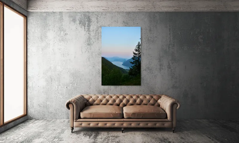 Tablou Canvas, "Răsărit senin peste munți și lacuri", Peisaj, Munți, Lac, Cer, Apus, Copaci, Coline, Lumină, Natură, 100 x 150 cm – poza 6