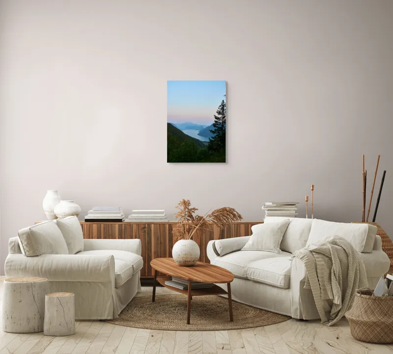 Tablou Canvas, "Răsărit senin peste munți și lacuri", Peisaj, Munți, Lac, Cer, Apus, Copaci, Coline, Lumină, Natură, 50 x 70 cm – poza 4