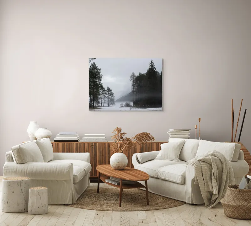 Tablou Canvas, "Peisaj de iarnă cu ceață misterioasă", Nor, Brazi, Iarnă, Ceață, Peisaj, Pădure, Munți, Cer, Liniște, Răcoare, 100 x 70 cm – poza 3