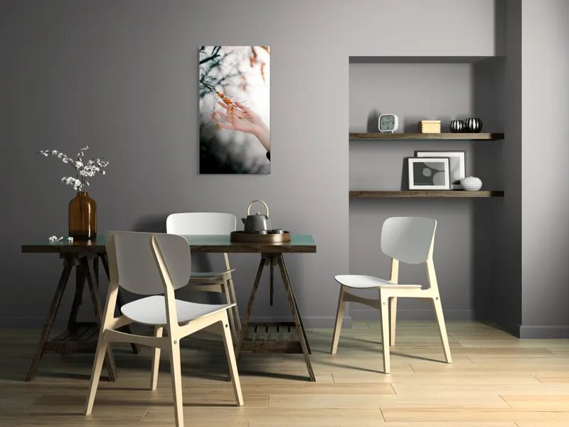 Tablou Canvas, "Mângâierea ramurilor de toamnă", Ramură, Portocaliu, Mână, Natură, Delicat, Fructe, Fragilitate, Contrast, Lumină, Pictural, 50 x 90 cm – poza 4
