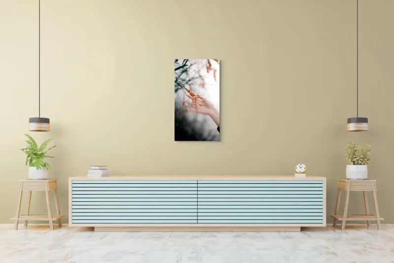 Tablou Canvas, "Mângâierea ramurilor de toamnă", Ramură, Portocaliu, Mână, Natură, Delicat, Fructe, Fragilitate, Contrast, Lumină, Pictural, 50 x 90 cm – poza 6