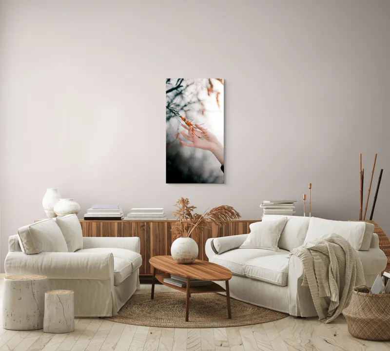 Tablou Canvas, "Mângâierea ramurilor de toamnă", Ramură, Portocaliu, Mână, Natură, Delicat, Fructe, Fragilitate, Contrast, Lumină, Pictural, 50 x 90 cm – poza 7