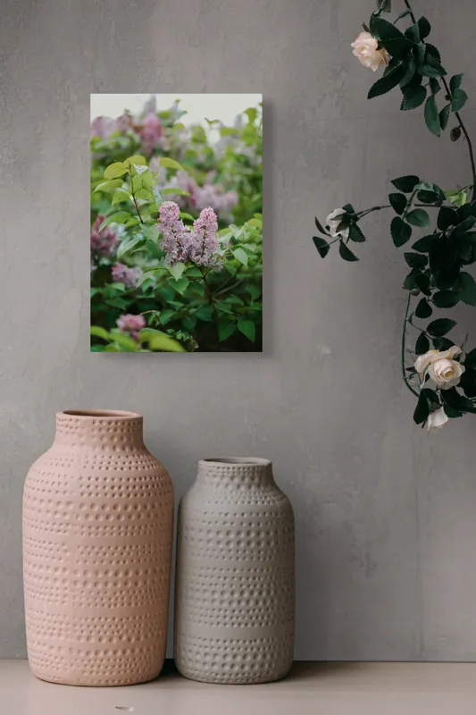 Tablou Canvas, "Flori de liliac în grădina primăverii", Liliac, Frunze, Verde, Delicat, Tufe, Primăvară, Roz, Floricele., 26 x 39 cm – poza 6