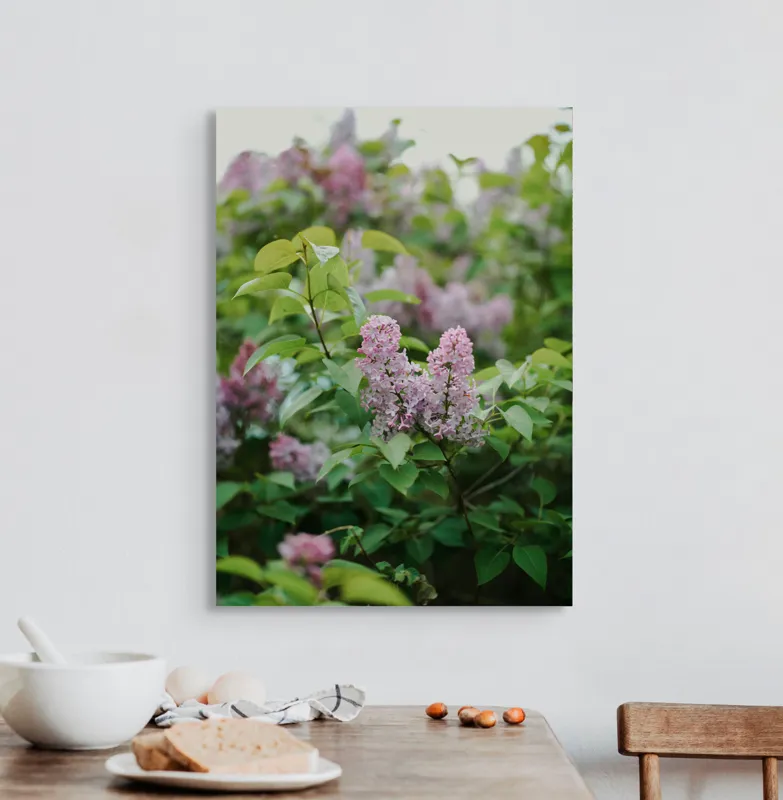 Tablou Canvas, "Flori de liliac în grădina primăverii", Liliac, Frunze, Verde, Delicat, Tufe, Primăvară, Roz, Floricele., 50 x 70 cm – poza 3