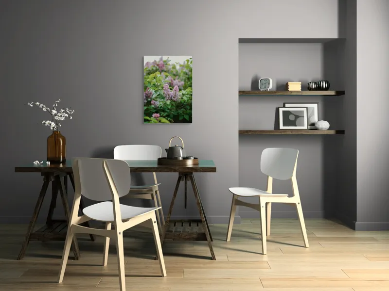 Tablou Canvas, "Flori de liliac în grădina primăverii", Liliac, Frunze, Verde, Delicat, Tufe, Primăvară, Roz, Floricele., 50 x 70 cm – poza 5