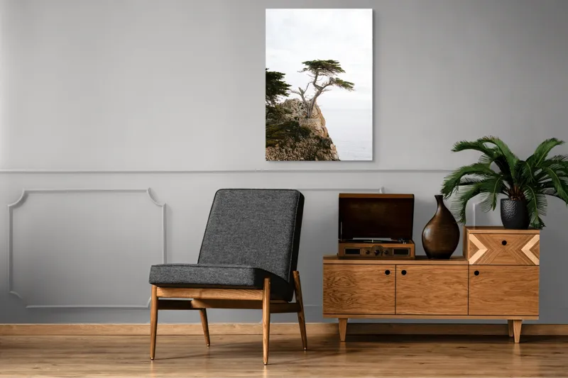 Tablou Canvas, "Arbore solitar pe stâncă marină", Copac, Stâncă, Ocean, Cer, Vânt, Natură, Singurătate, Libertate, 70 x 100 cm – poza 6