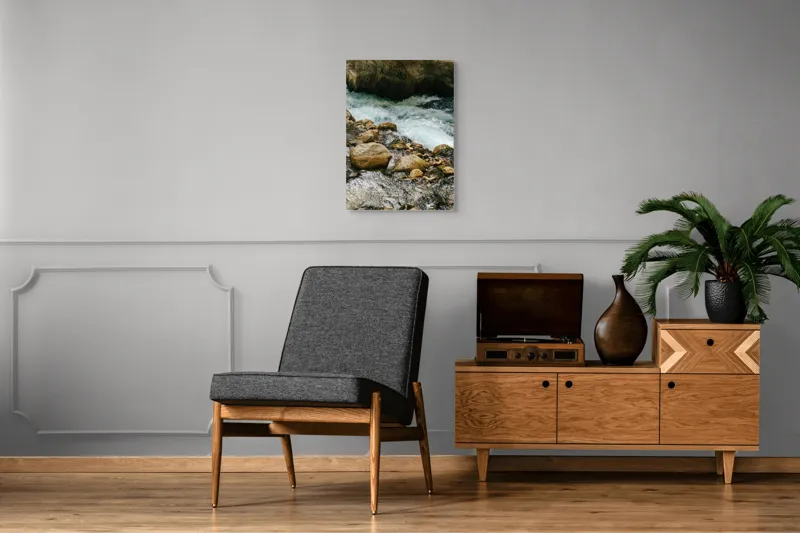 Tablou Canvas, "Apa curgătoare printre stânci umede", Curgere, Pietre, Apă, Natură, Râu, Spumă, Curgător, Vale, Albie, 50 x 70 cm – poza 8