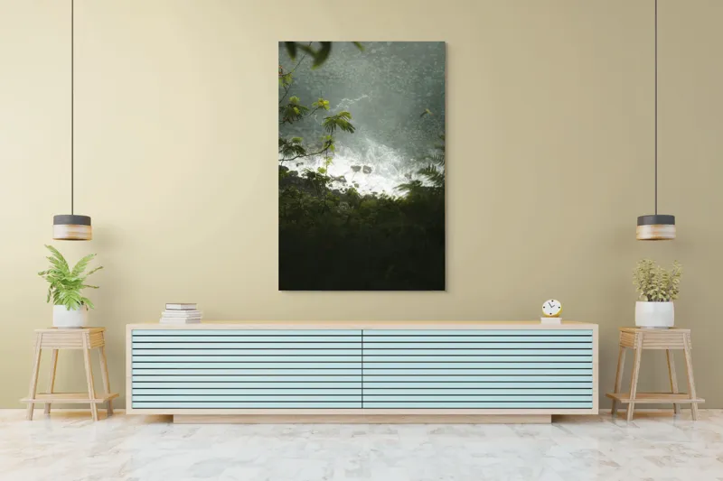 Tablou Canvas, "Priveliște de pe stânca înaltă", Frunziș, Stânci, Valuri, Apă, Verde, Spumă, Margină, Natură, 100 x 150 cm – poza 4