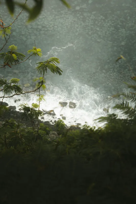 Tablou Canvas, "Priveliște de pe stânca înaltă", Frunziș, Stânci, Valuri, Apă, Verde, Spumă, Margină, Natură, 100 x 150 cm – poza 2