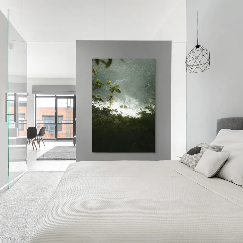Tablou Canvas, "Priveliște de pe stânca înaltă", Frunziș, Stânci, Valuri, Apă, Verde, Spumă, Margină, Natură, 100 x 150 cm – poza 5