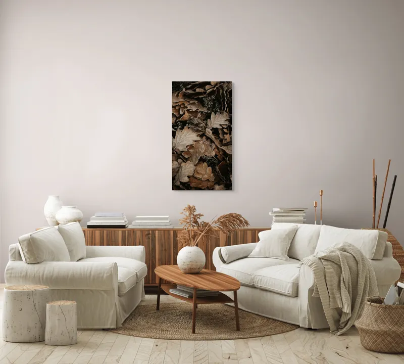 Tablou Canvas, "Frunzele toamnei pe pământ rece", Frunze, Toamnă, Textură, Natură, Uscate, 50 x 90 cm – poza 7