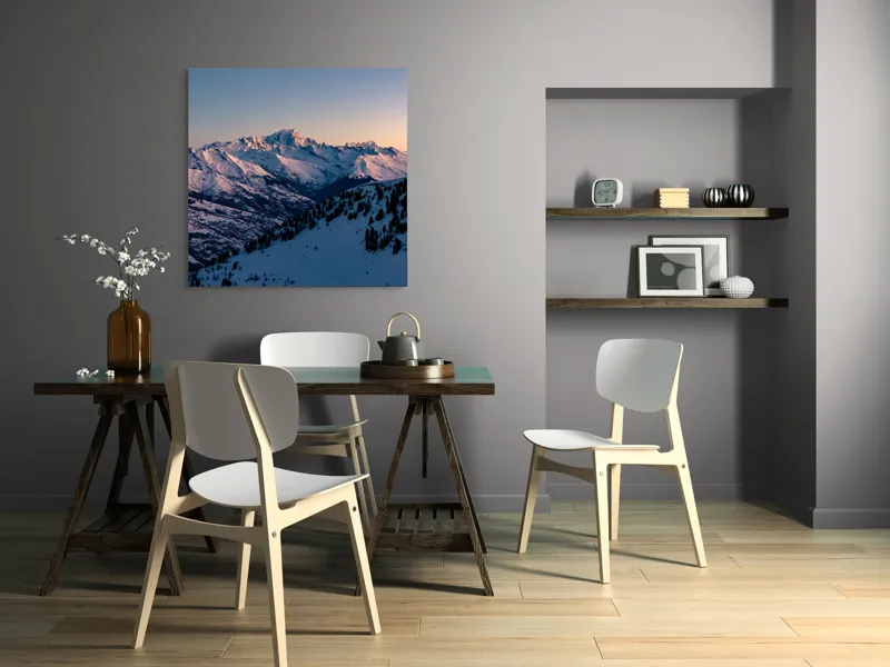 Tablou Canvas, "Munți largi în zori senini", Munți, Zăpadă, Apus, Cer, Pădure, 100 x 100 cm – poza 6