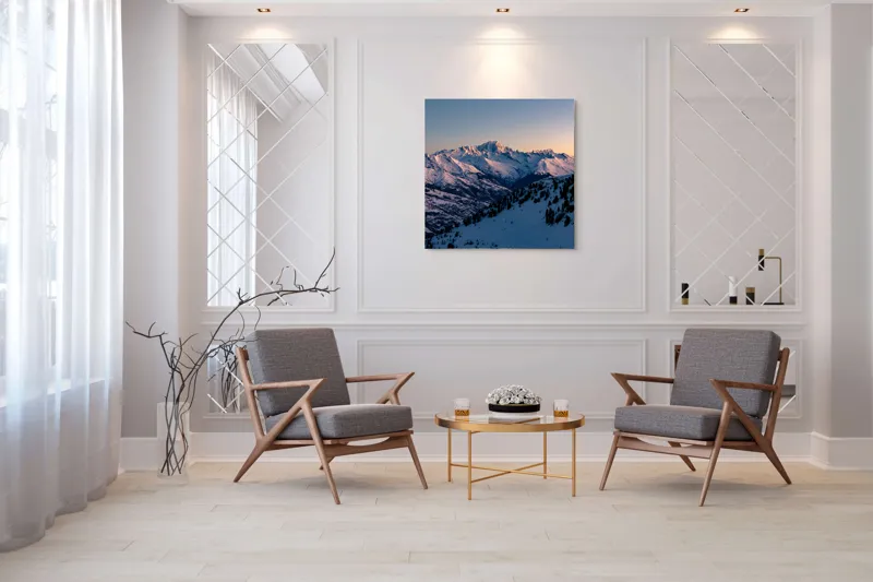 Tablou Canvas, "Munți largi în zori senini", Munți, Zăpadă, Apus, Cer, Pădure, 100 x 100 cm – poza 7