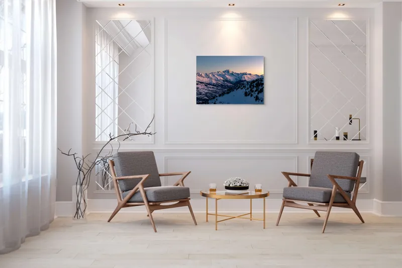 Tablou Canvas, "Munți largi în zori senini", Munți, Zăpadă, Apus, Cer, Pădure, 100 x 70 cm – poza 5