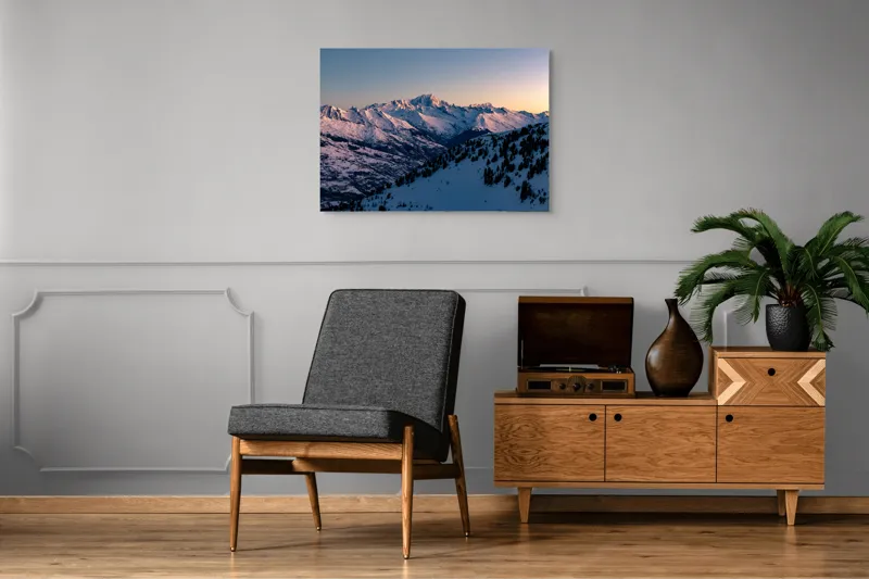 Tablou Canvas, "Munți largi în zori senini", Munți, Zăpadă, Apus, Cer, Pădure, 100 x 70 cm – poza 8
