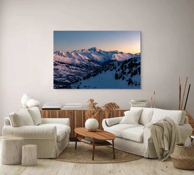 Tablou Canvas, "Munți largi în zori senini", Munți, Zăpadă, Apus, Cer, Pădure, 150 x 100 cm – poza 3