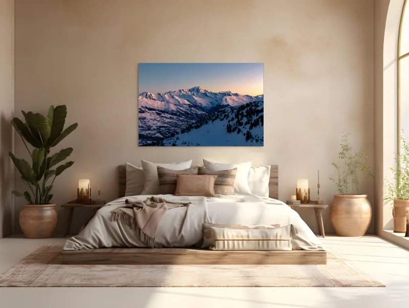 Tablou Canvas, "Munți largi în zori senini", Munți, Zăpadă, Apus, Cer, Pădure, 150 x 100 cm – poza 4
