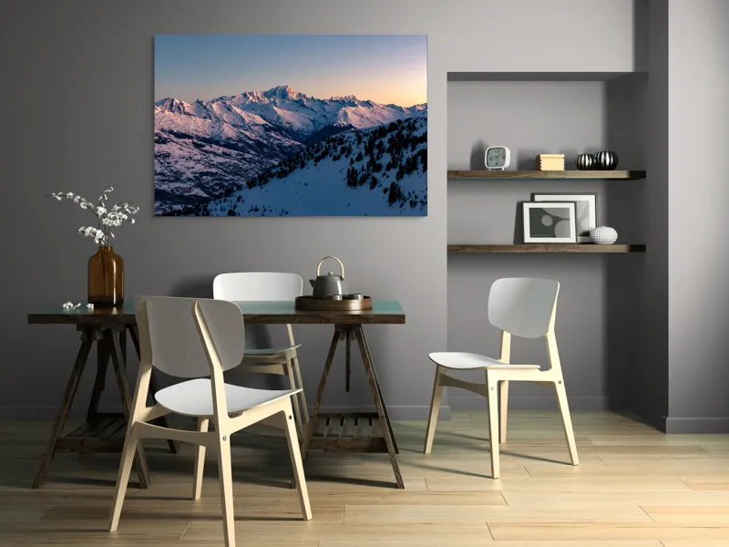 Tablou Canvas, "Munți largi în zori senini", Munți, Zăpadă, Apus, Cer, Pădure, 150 x 100 cm – poza 5