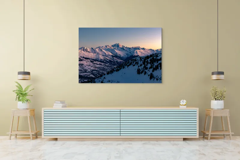 Tablou Canvas, "Munți largi în zori senini", Munți, Zăpadă, Apus, Cer, Pădure, 150 x 100 cm – poza 6