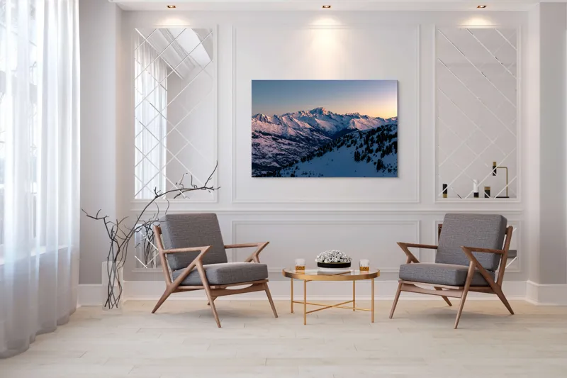 Tablou Canvas, "Munți largi în zori senini", Munți, Zăpadă, Apus, Cer, Pădure, 150 x 100 cm – poza 7
