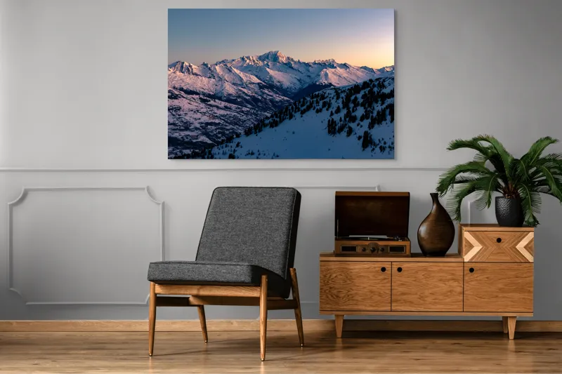 Tablou Canvas, "Munți largi în zori senini", Munți, Zăpadă, Apus, Cer, Pădure, 150 x 100 cm – poza 8